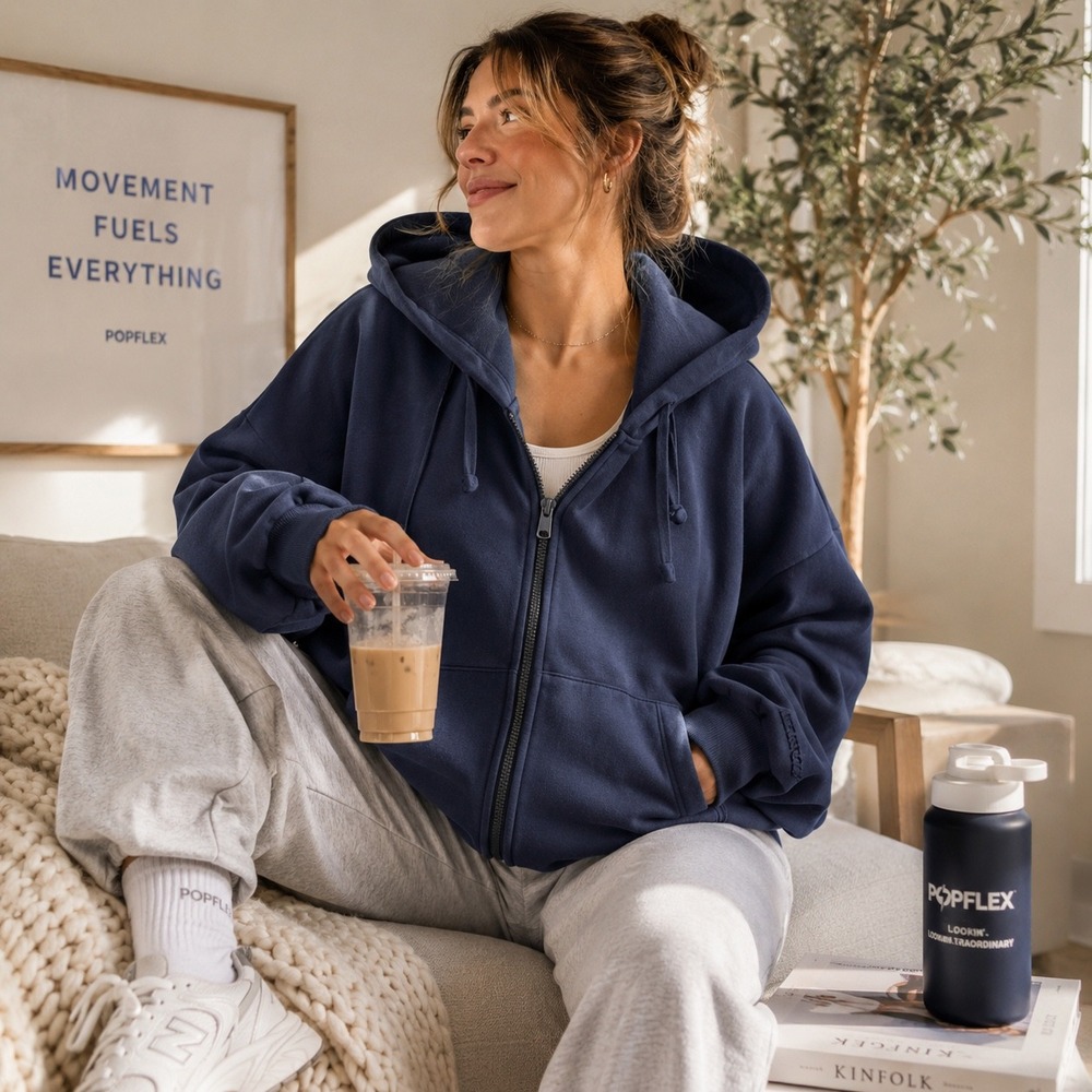 POPFLEX Unisex L/XL Navy Oversized Full Zip Hoodie Lookin Extraordinary